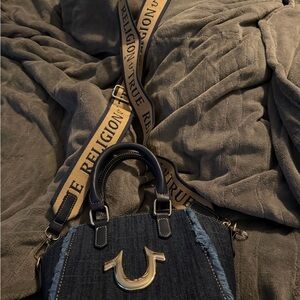 True Religion Dark Denim Satchel with Gold Accents